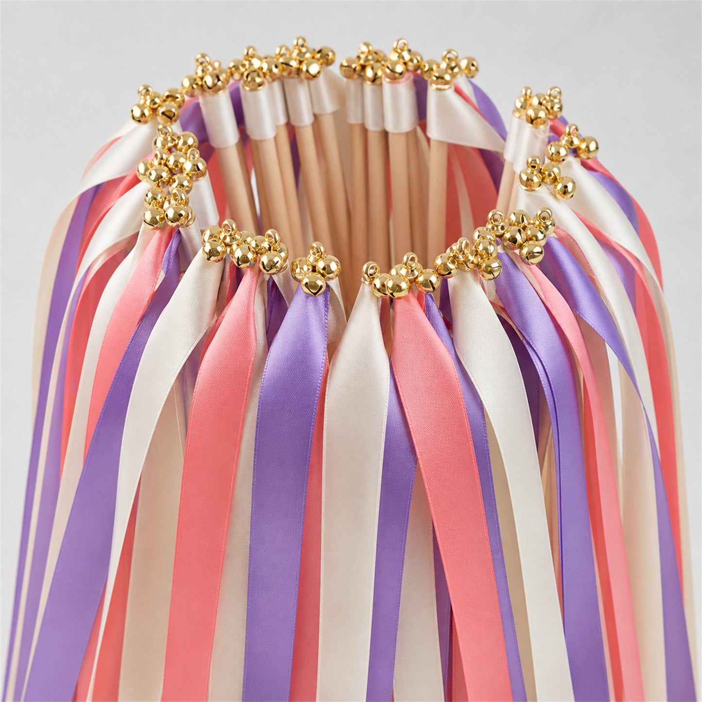 Off White, Grape and Coral Pink Wedding Exit Ribbon Wands with Bell - Vibrant Vineyard