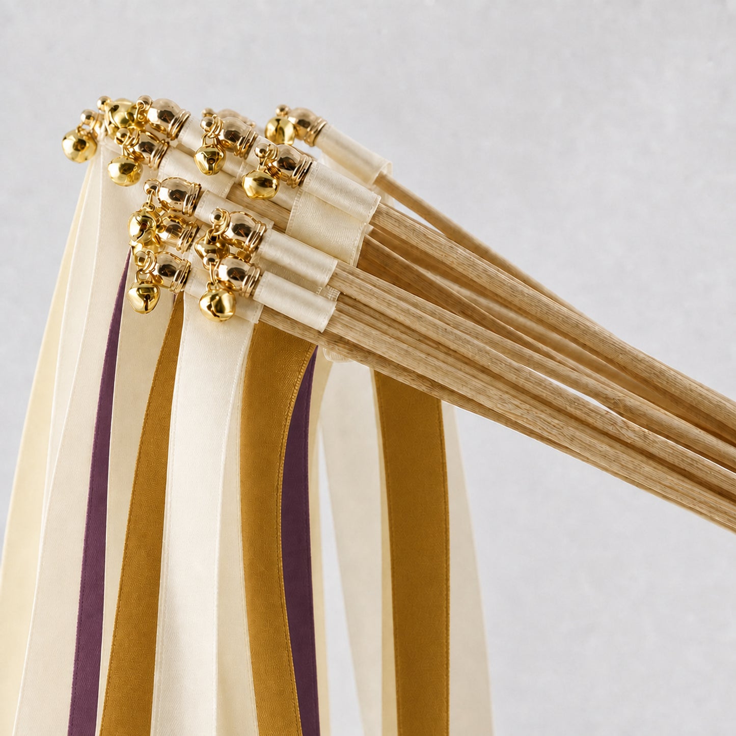 Gilded Plum Wedding Ribbon Wands with Bell - Off White, Plum and Old Gold