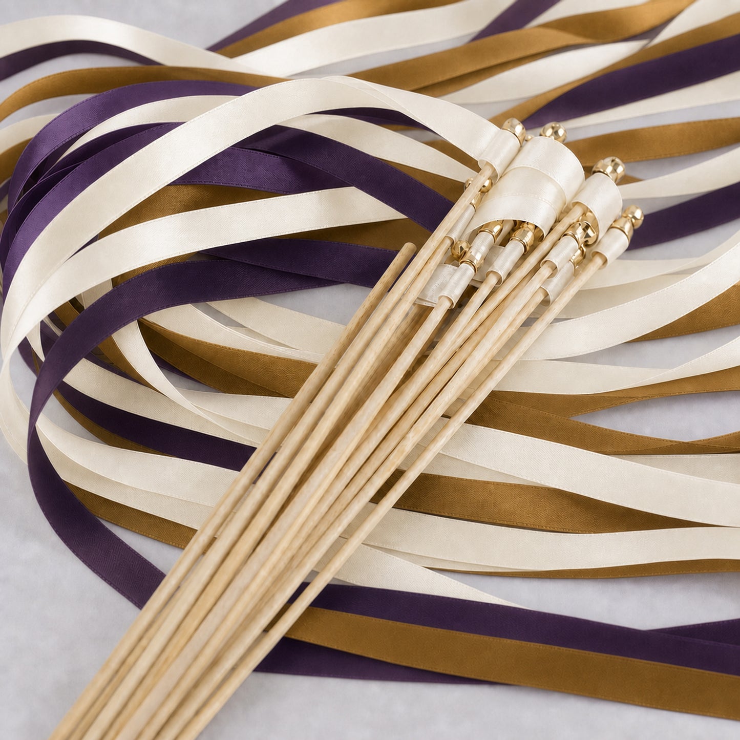 Gilded Plum Wedding Ribbon Wands with Bell - Off White, Plum and Old Gold