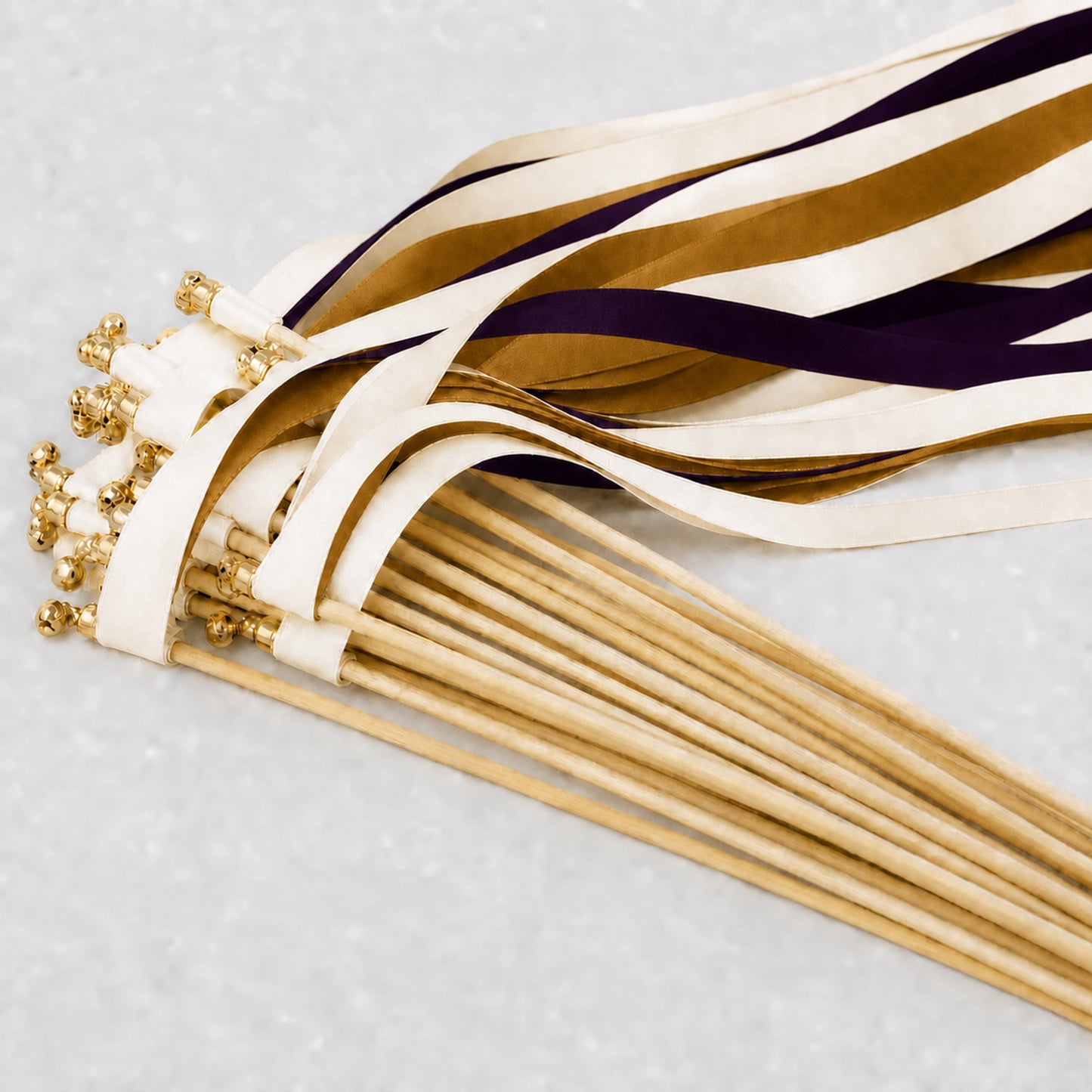 Gilded Plum Wedding Ribbon Wands with Bell - Off White, Plum and Old Gold
