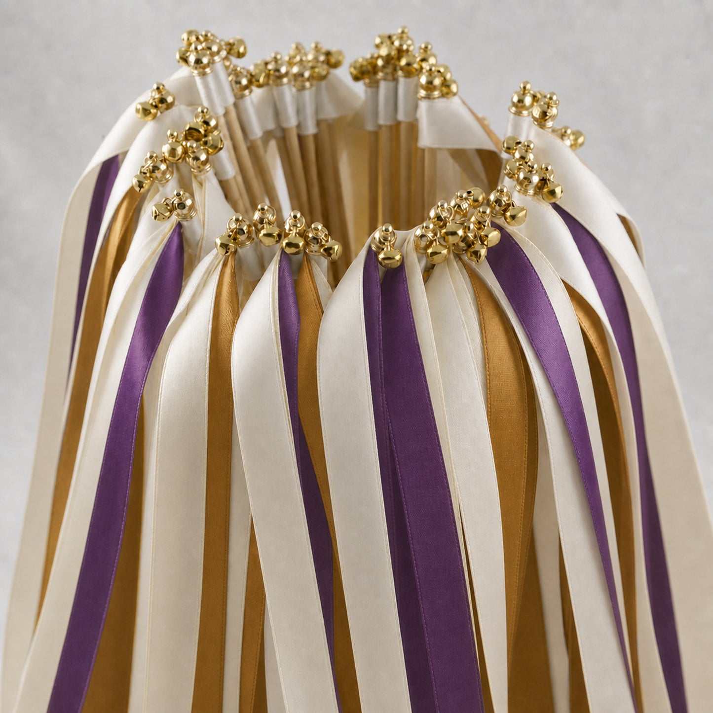 Gilded Plum Wedding Ribbon Wands with Bell - Off White, Plum and Old Gold