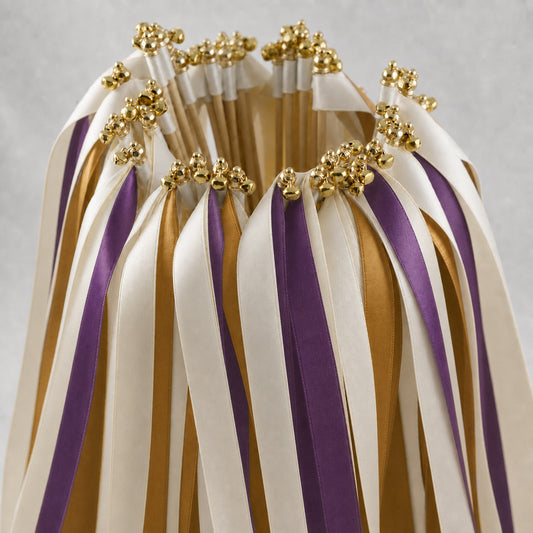 Gilded Plum Wedding Ribbon Wands with Bell - Off White, Plum and Old Gold