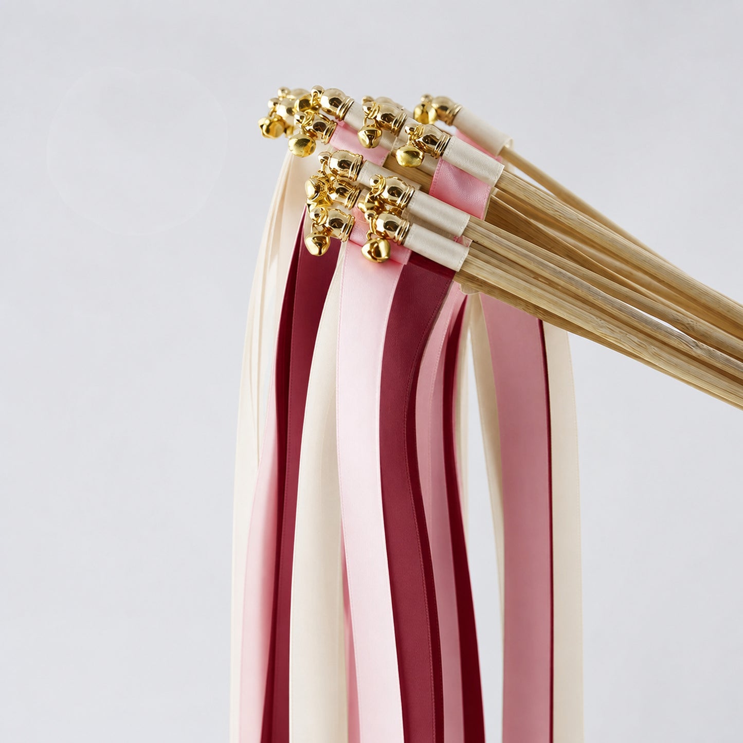 Handmade Off White, Wine and Light Pink Wedding Ribbon Wands with Bell - Wine and Blush