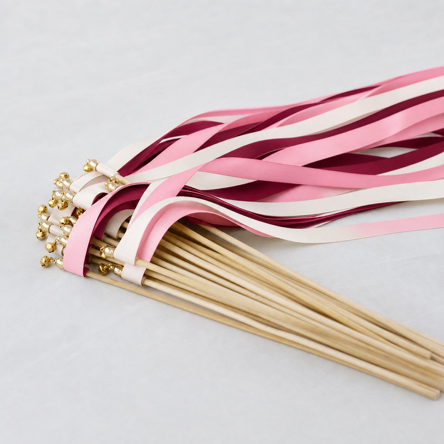 Handmade Off White, Wine and Light Pink Wedding Ribbon Wands with Bell - Wine and Blush