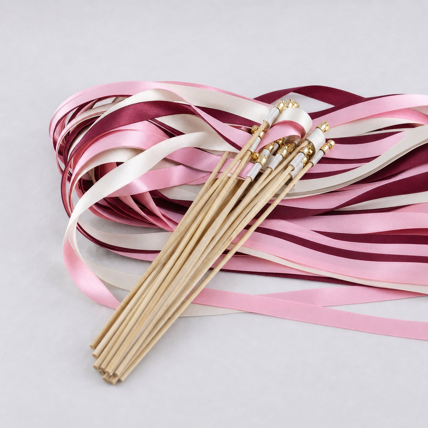 Handmade Off White, Wine and Light Pink Wedding Ribbon Wands with Bell - Wine and Blush