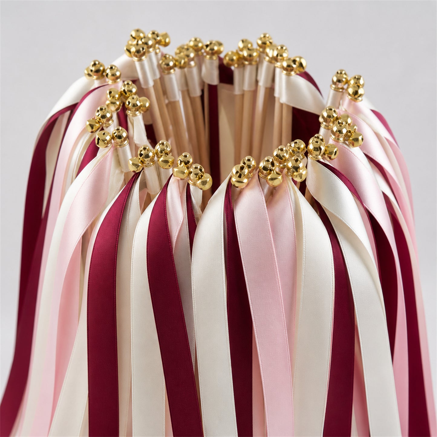 Handmade Off White, Wine and Light Pink Wedding Ribbon Wands with Bell - Wine and Blush