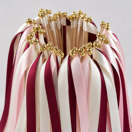 Handmade Off White, Wine and Light Pink Wedding Ribbon Wands with Bell - Wine and Blush