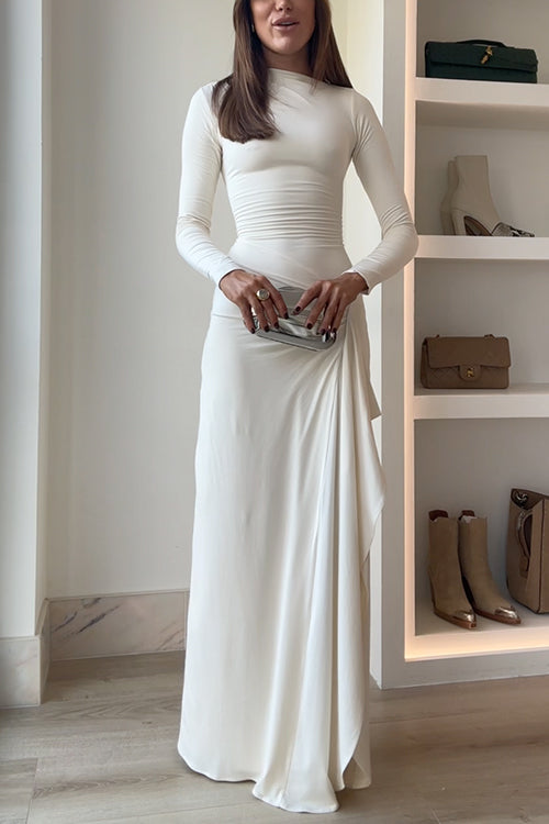 Blanc™ - Long Sleeves Draped Slit Maxi Party Dress