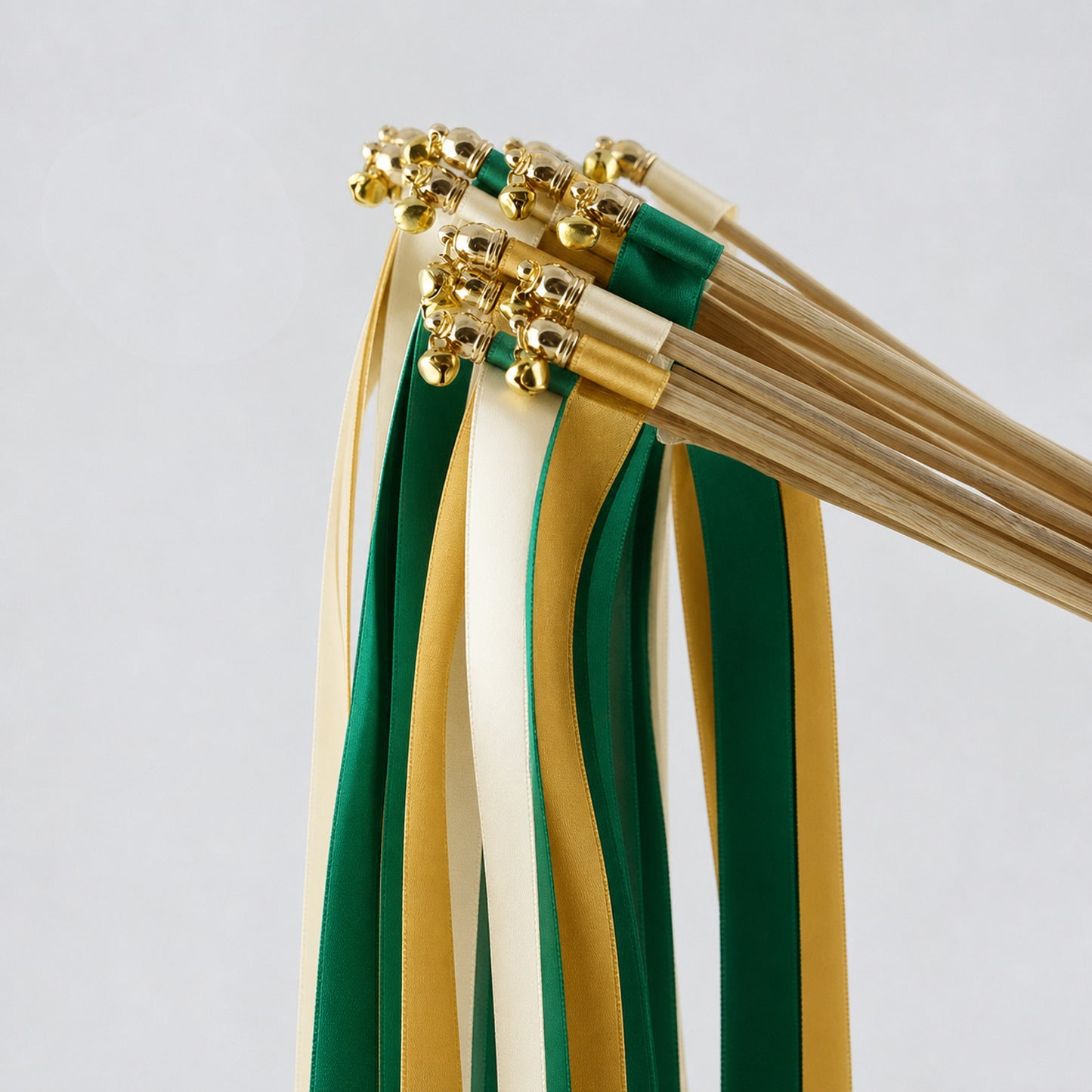 Emerald Gold Ribbon Wedding Wands - Ivory, Emerald and Old Gold Triple Ribbon and Bell