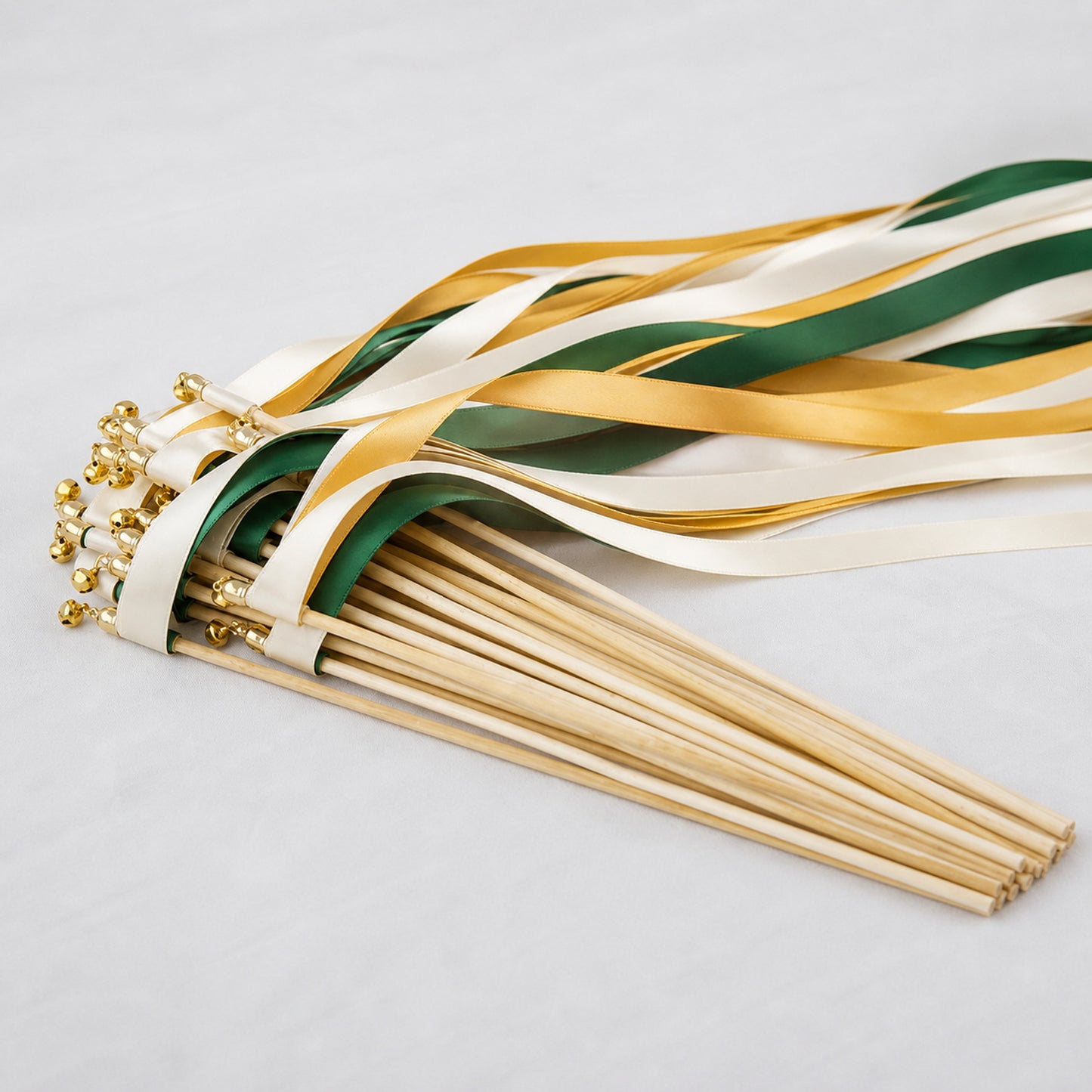 Emerald Gold Ribbon Wedding Wands - Ivory, Emerald and Old Gold Triple Ribbon and Bell