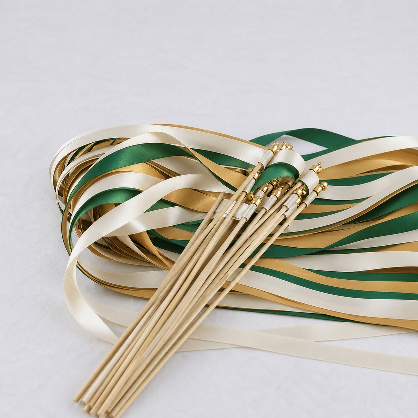 Emerald Gold Ribbon Wedding Wands - Ivory, Emerald and Old Gold Triple Ribbon and Bell