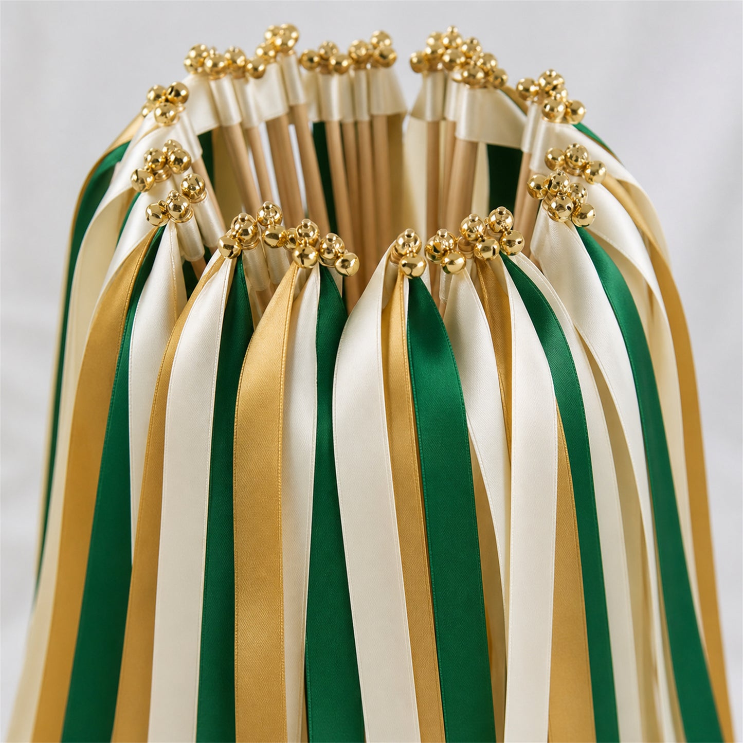 Emerald Gold Ribbon Wedding Wands - Ivory, Emerald and Old Gold Triple Ribbon and Bell