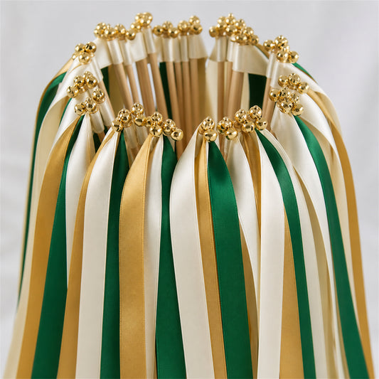 Emerald Gold Ribbon Wedding Wands - Ivory, Emerald and Old Gold Triple Ribbon and Bell