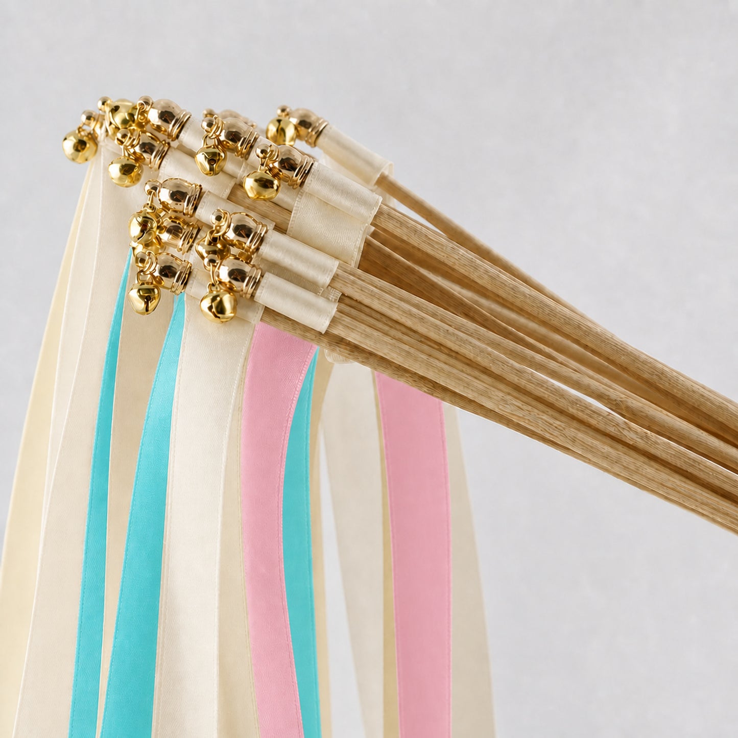 Turquoise Pink Wedding Ribbon Wands - Ivory, Turquoise Blue and Light Pink with Bell