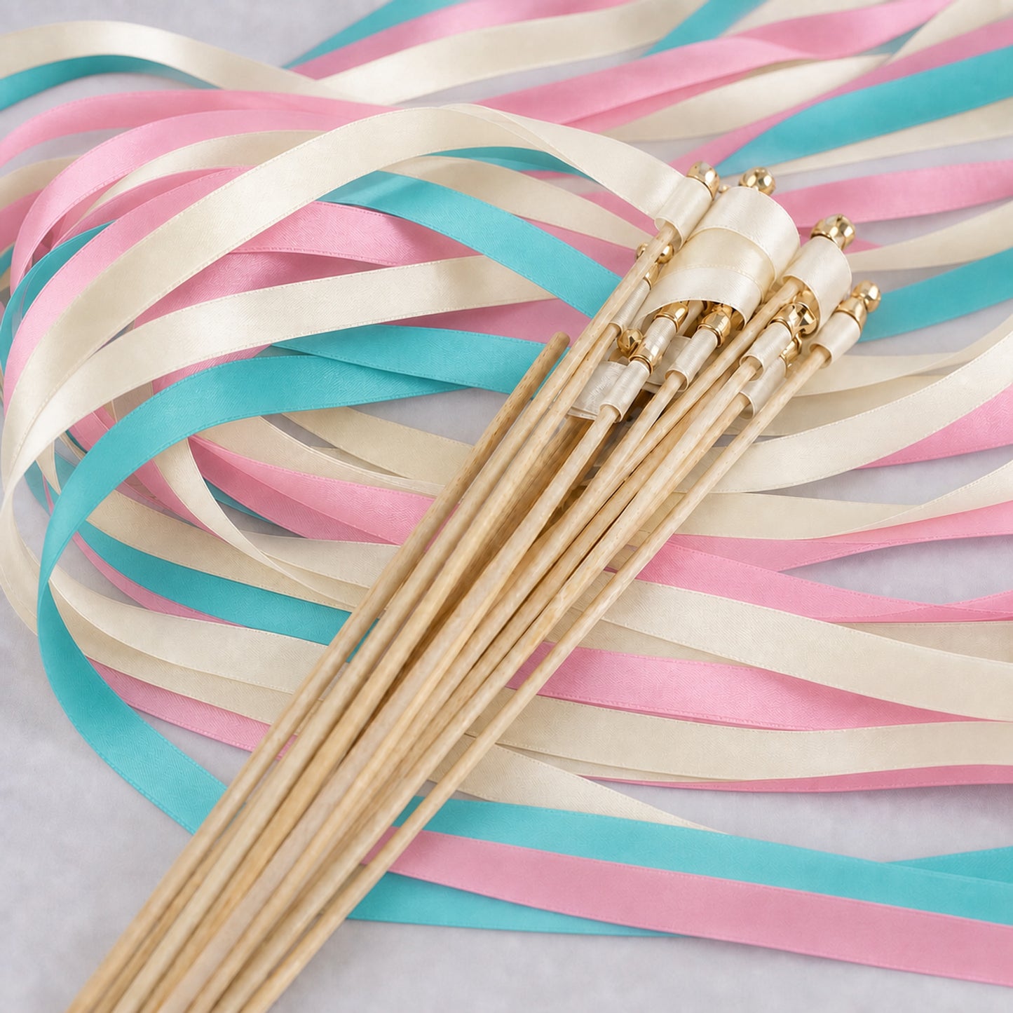 Turquoise Pink Wedding Ribbon Wands - Ivory, Turquoise Blue and Light Pink with Bell