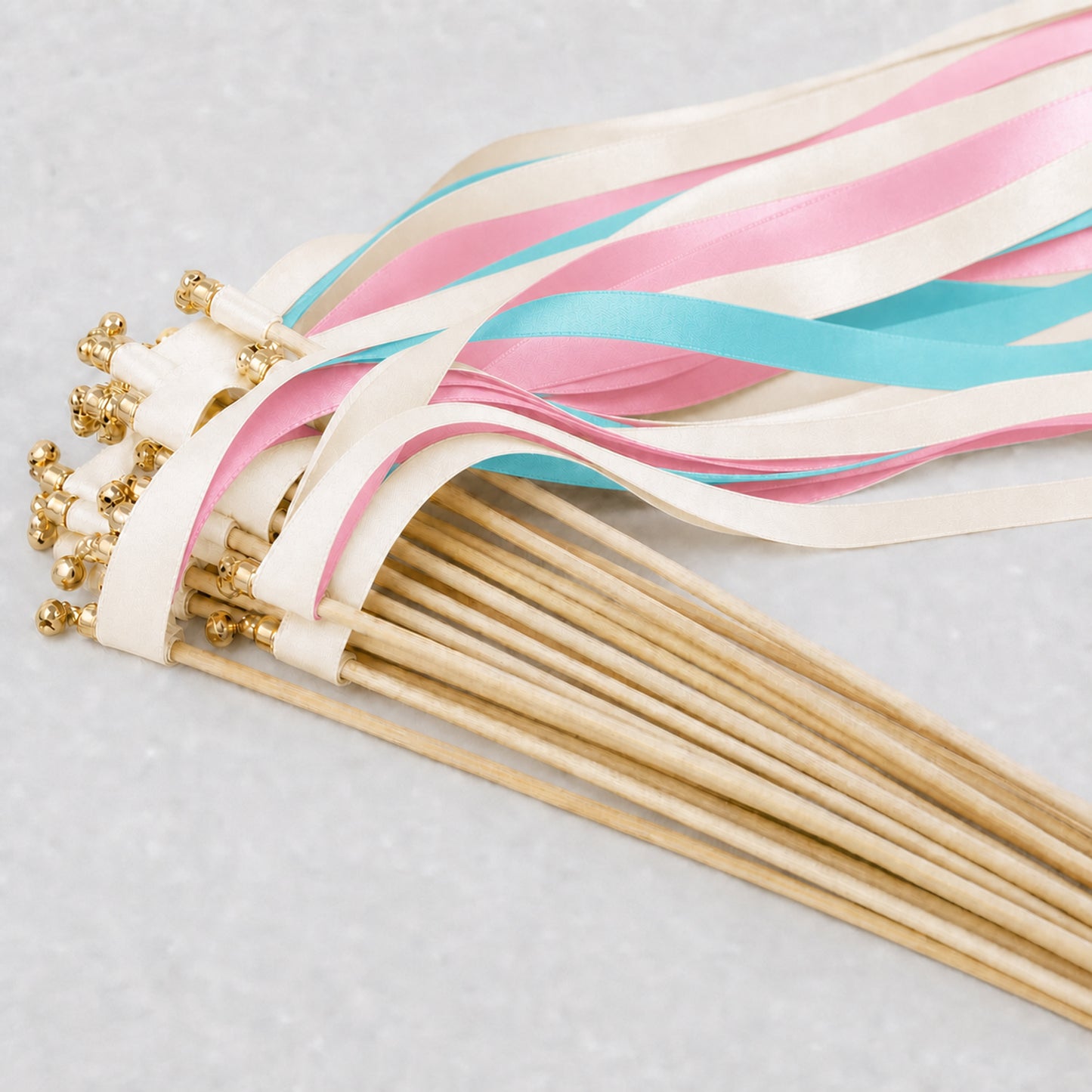 Turquoise Pink Wedding Ribbon Wands - Ivory, Turquoise Blue and Light Pink with Bell