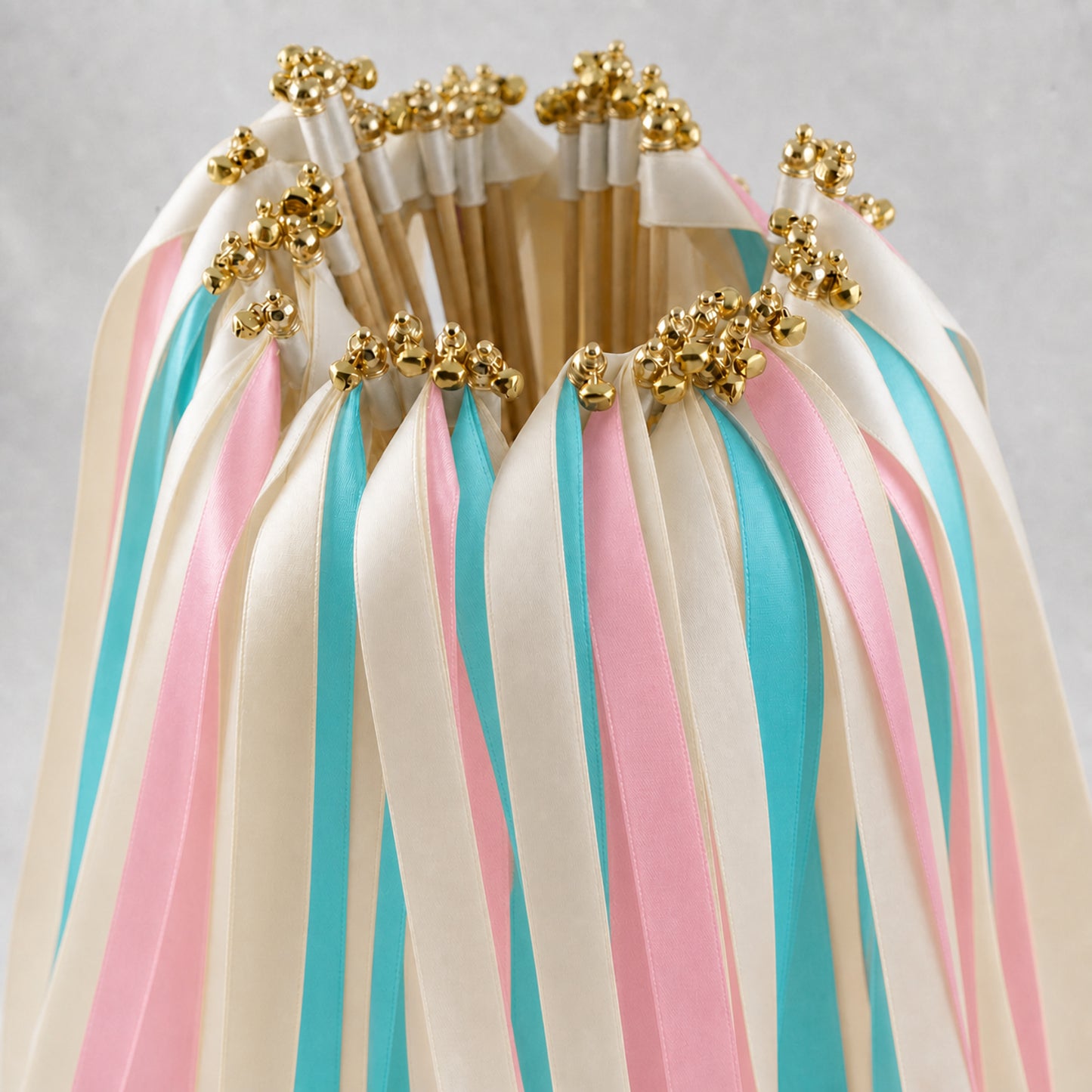 Turquoise Pink Wedding Ribbon Wands - Ivory, Turquoise Blue and Light Pink with Bell