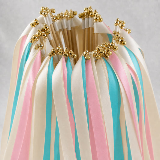 Turquoise Pink Wedding Ribbon Wands - Ivory, Turquoise Blue and Light Pink with Bell