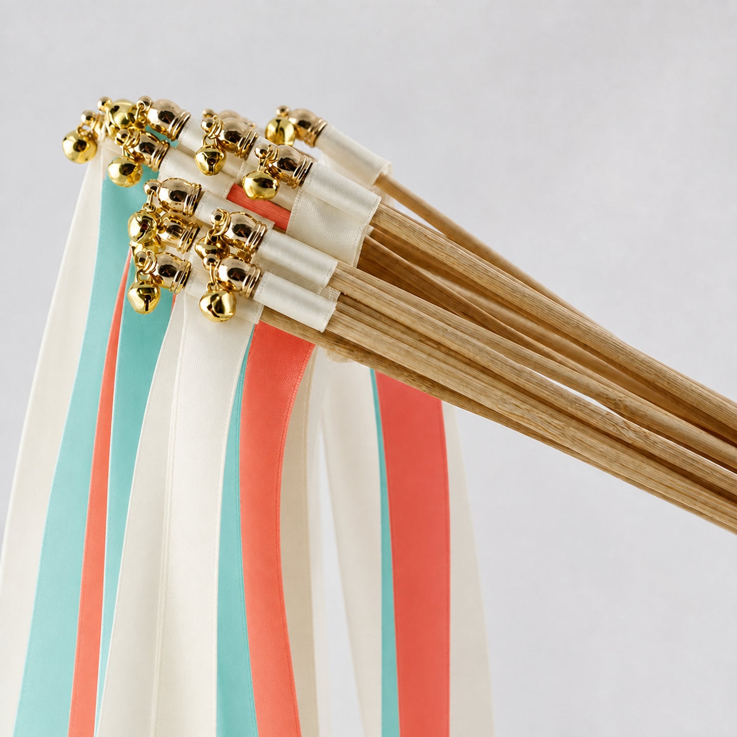 Handmade Tropical Beach Wedding Ribbon Wands - Off White, Aqua and Coral with Bell