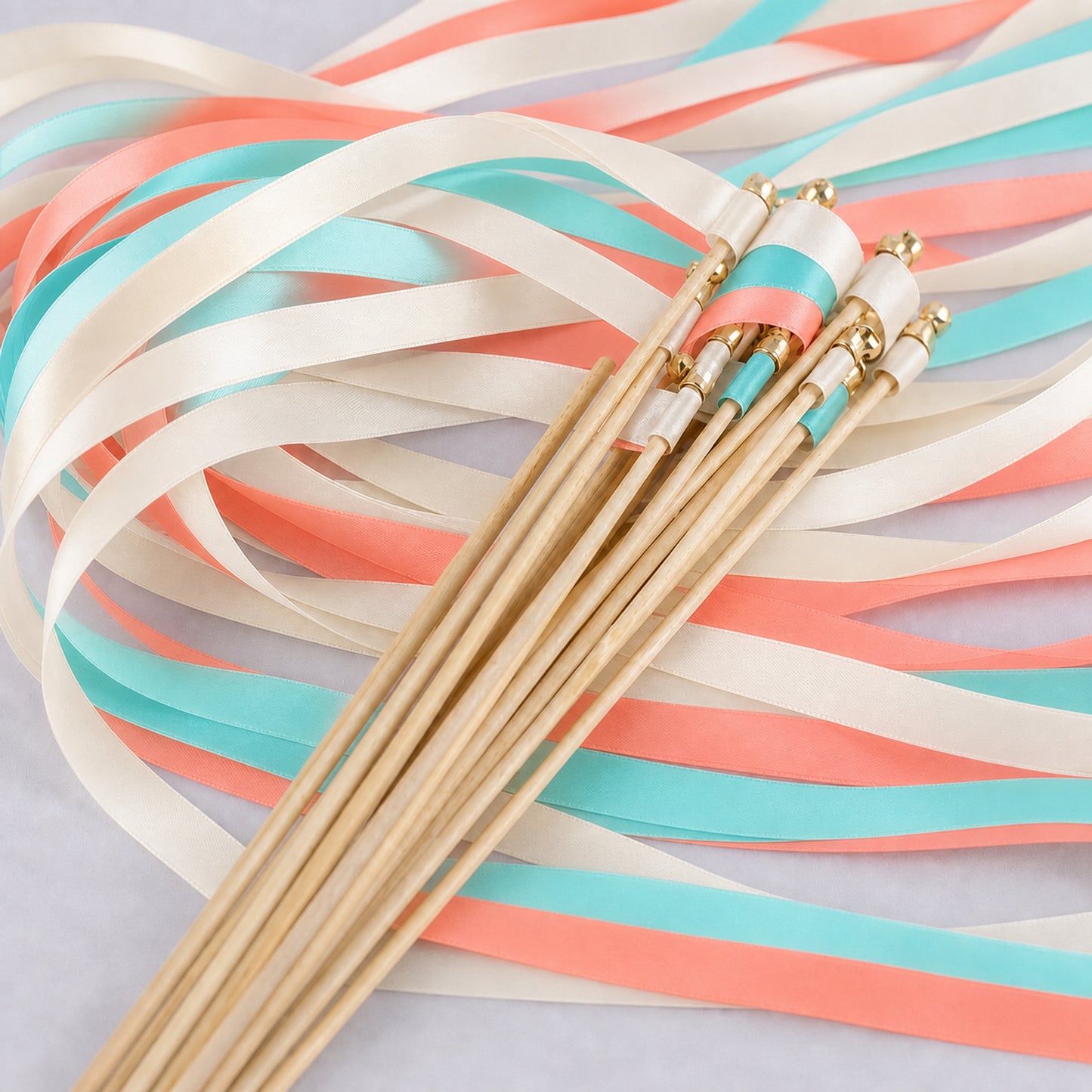 Handmade Tropical Beach Wedding Ribbon Wands - Off White, Aqua and Coral with Bell