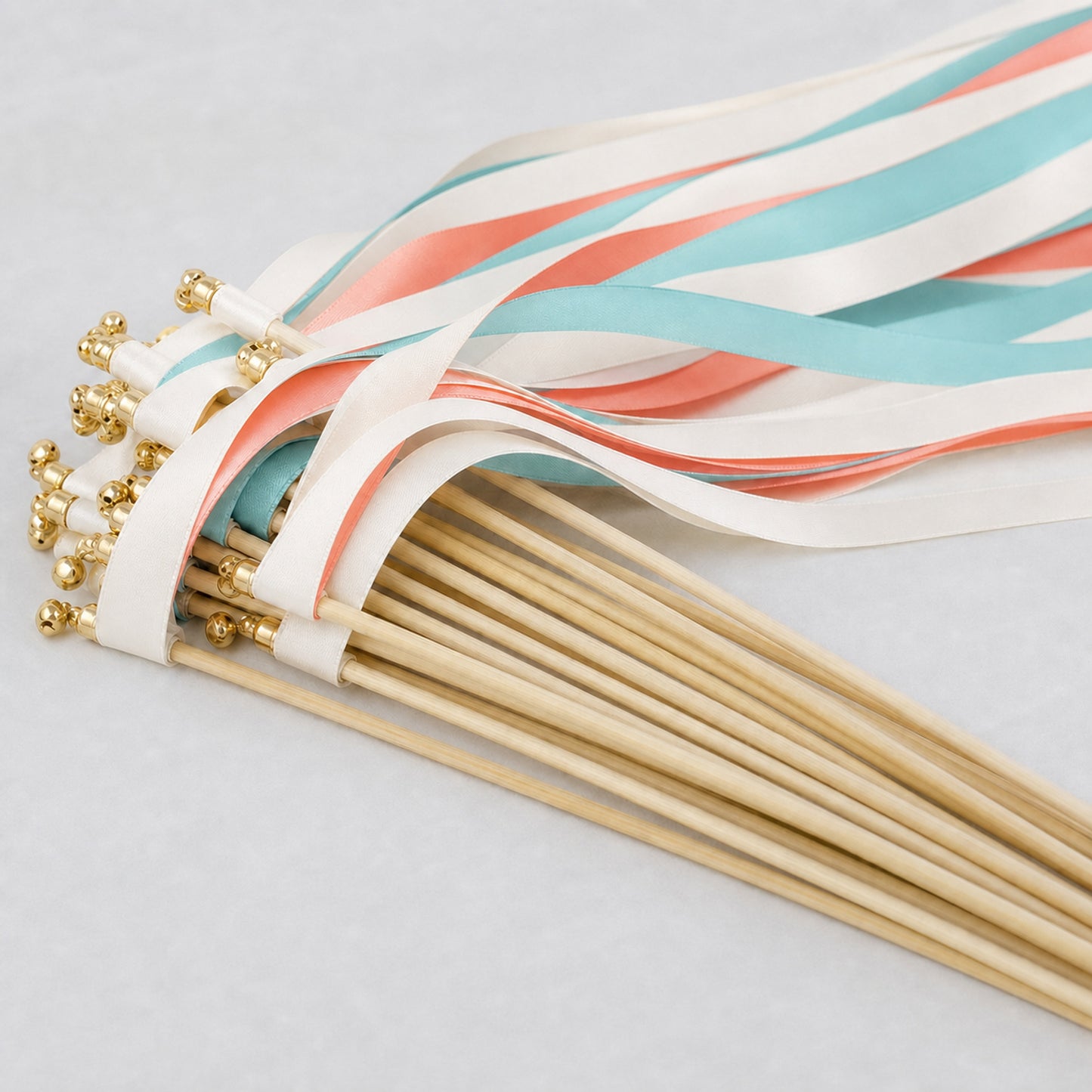 Handmade Tropical Beach Wedding Ribbon Wands - Off White, Aqua and Coral with Bell