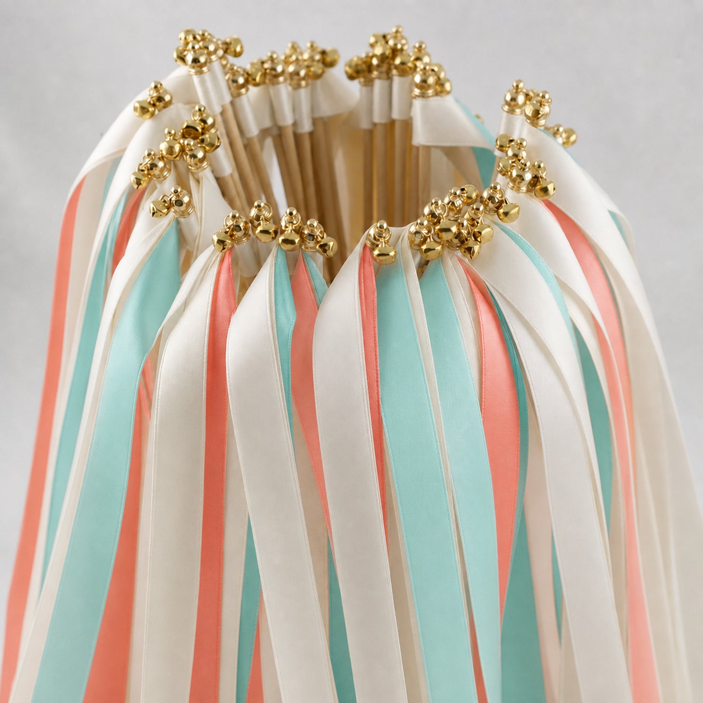 Handmade Tropical Beach Wedding Ribbon Wands - Off White, Aqua and Coral with Bell