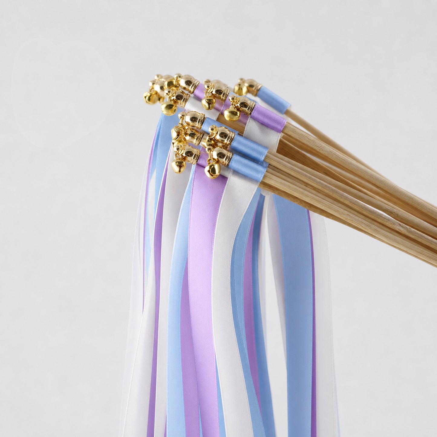 Orchid Sky Wedding Ribbon Wands with Bell - White, Orchid and Light Blue