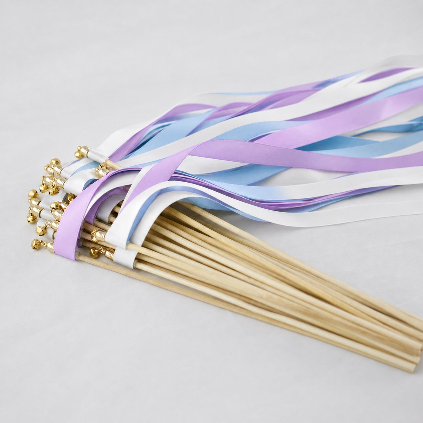 Orchid Sky Wedding Ribbon Wands with Bell - White, Orchid and Light Blue