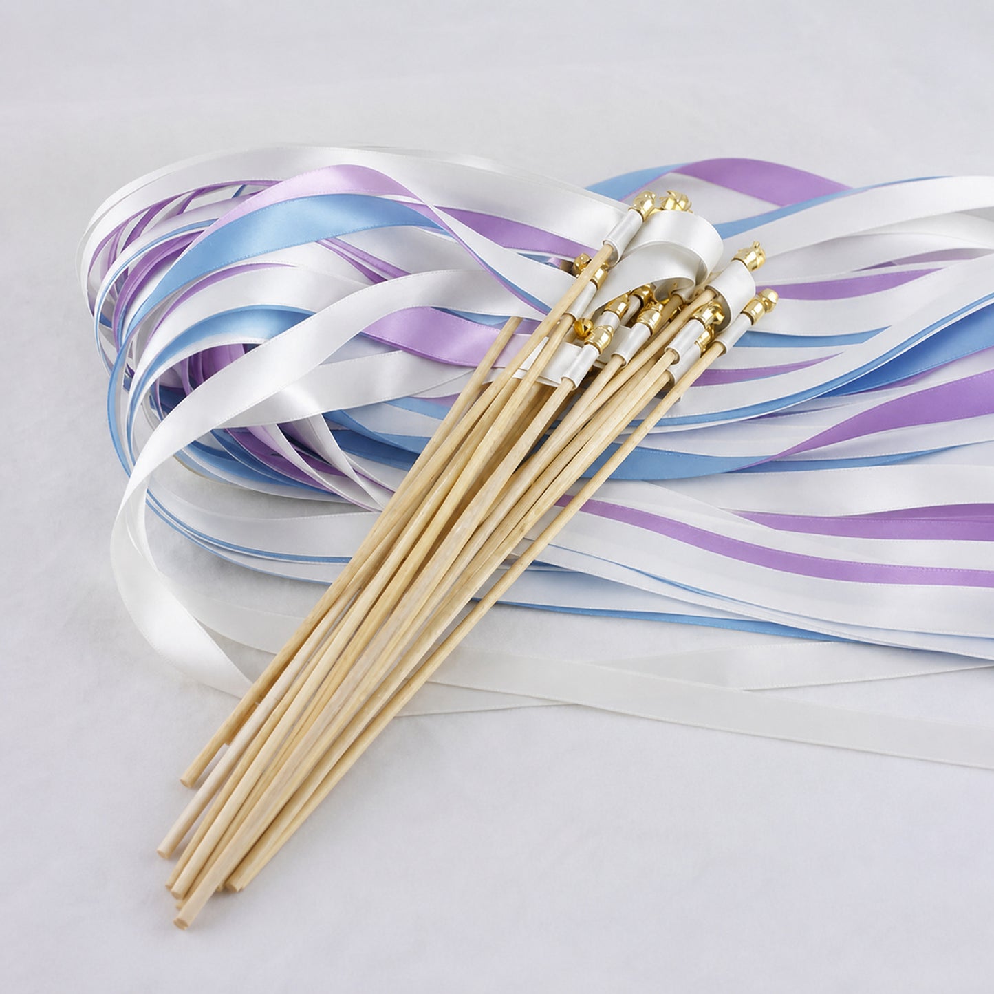 Orchid Sky Wedding Ribbon Wands with Bell - White, Orchid and Light Blue