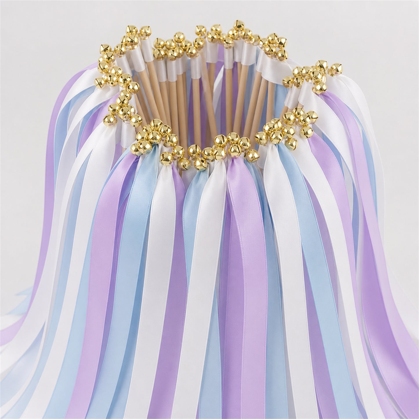 Orchid Sky Wedding Ribbon Wands with Bell - White, Orchid and Light Blue