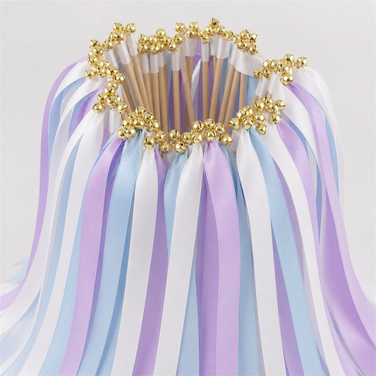 Orchid Sky Wedding Ribbon Wands with Bell - White, Orchid and Light Blue