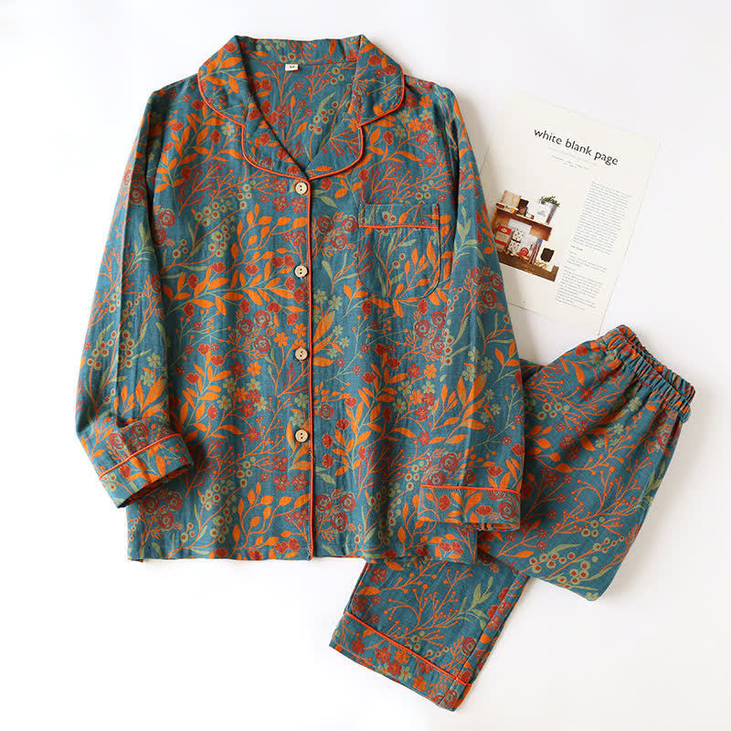 Ownkoti Vintage Leaf Cotton Lapel Loungewear Set - Blue & Orange - 2XL - image 1