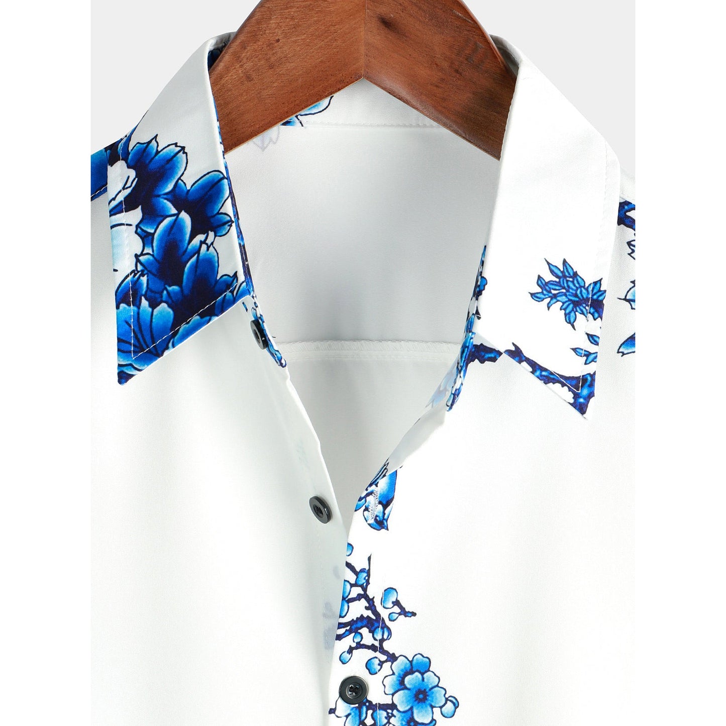 Men's Blue Floral Printed Button Up Casual Short Sleeve Shirt