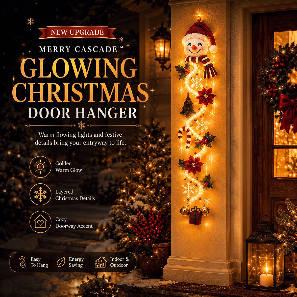 Last Day 49% OFF – MerryCascade Glowing Christmas Door Hanger | 6 Festive Light Designs