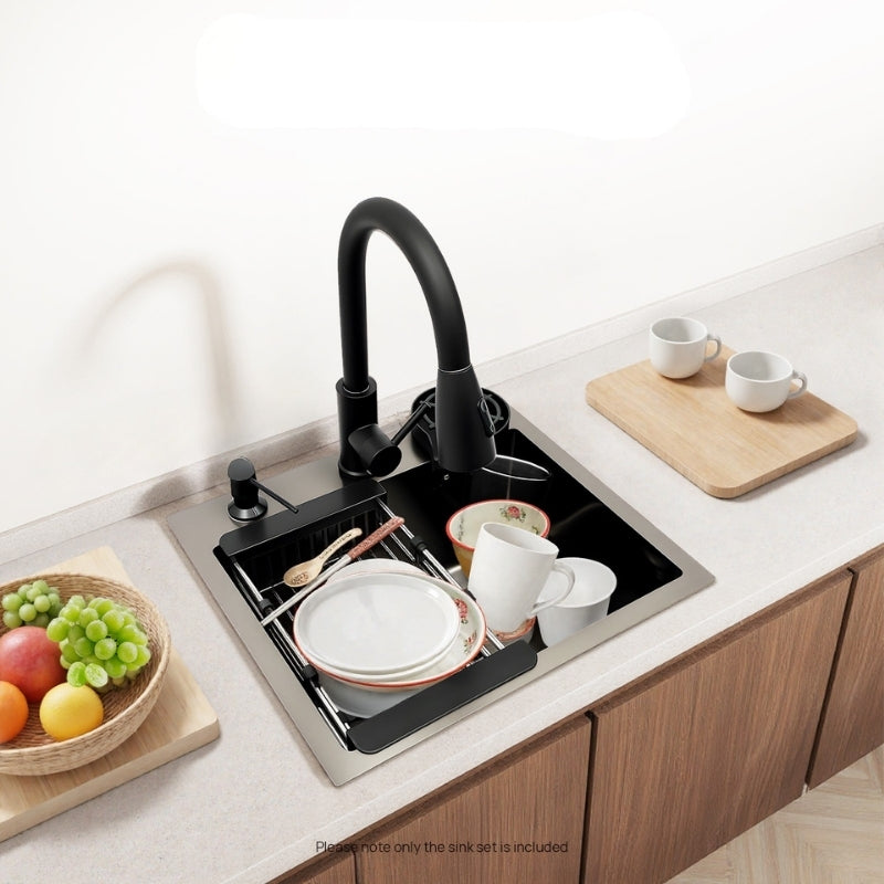 Black Stainless Steel Kitchen Sink with Integrated Accessories and Pull-Out Faucet
