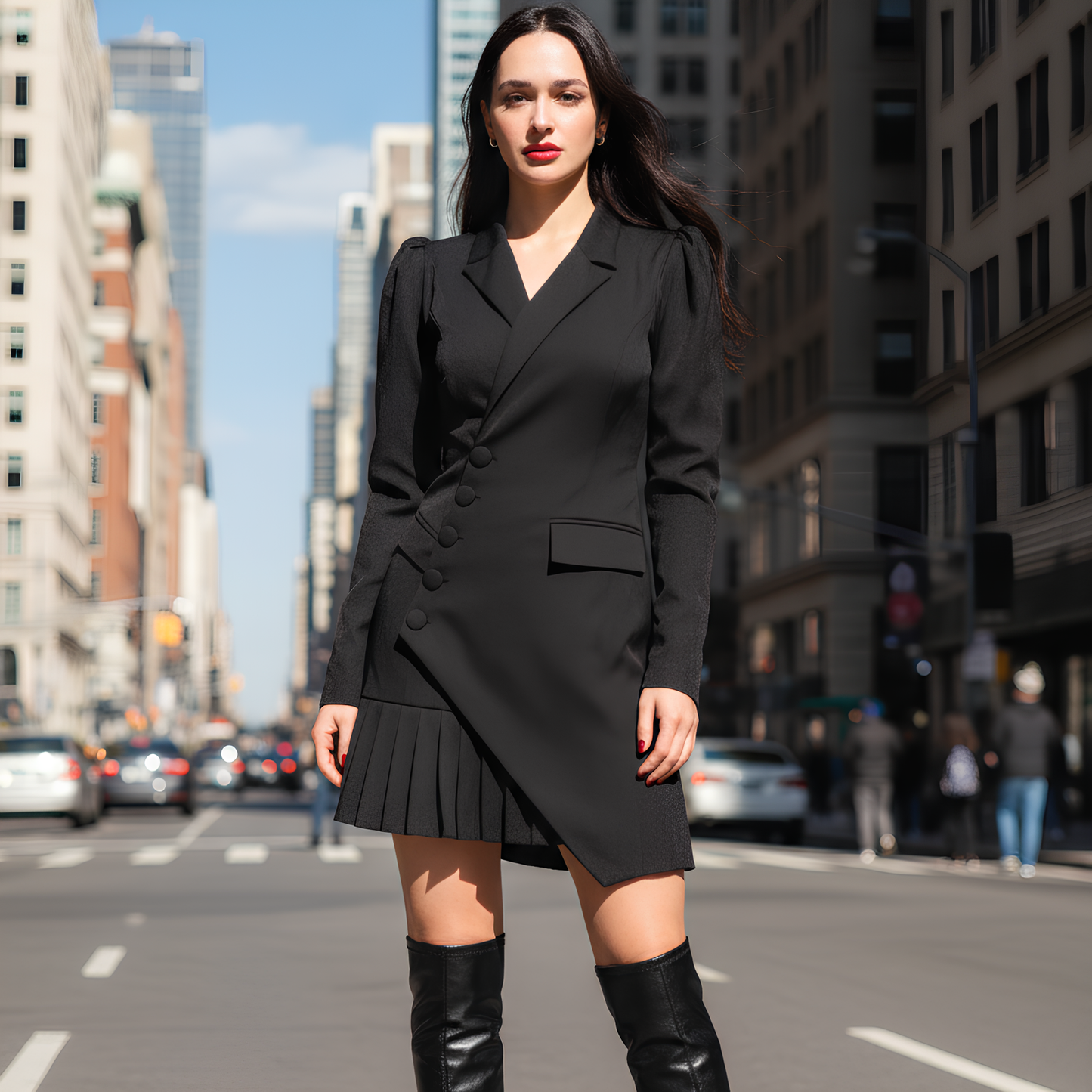 Blairina™ – Button Front Pleated Mini Blazer Dress