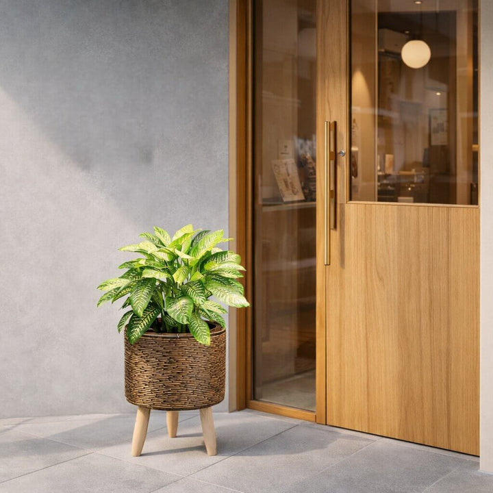 Flower Planter with Wooden Stand | Woven Basket Texture | Suitable for Indoor and Outdoor | Plantara