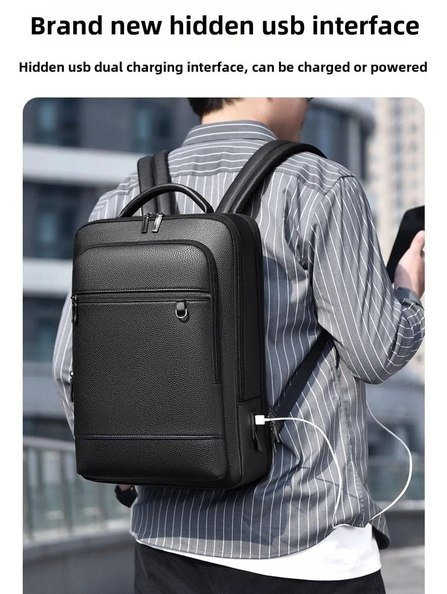 Black Leather Backpack with USB Charging Port for 15.6-Inch Laptop