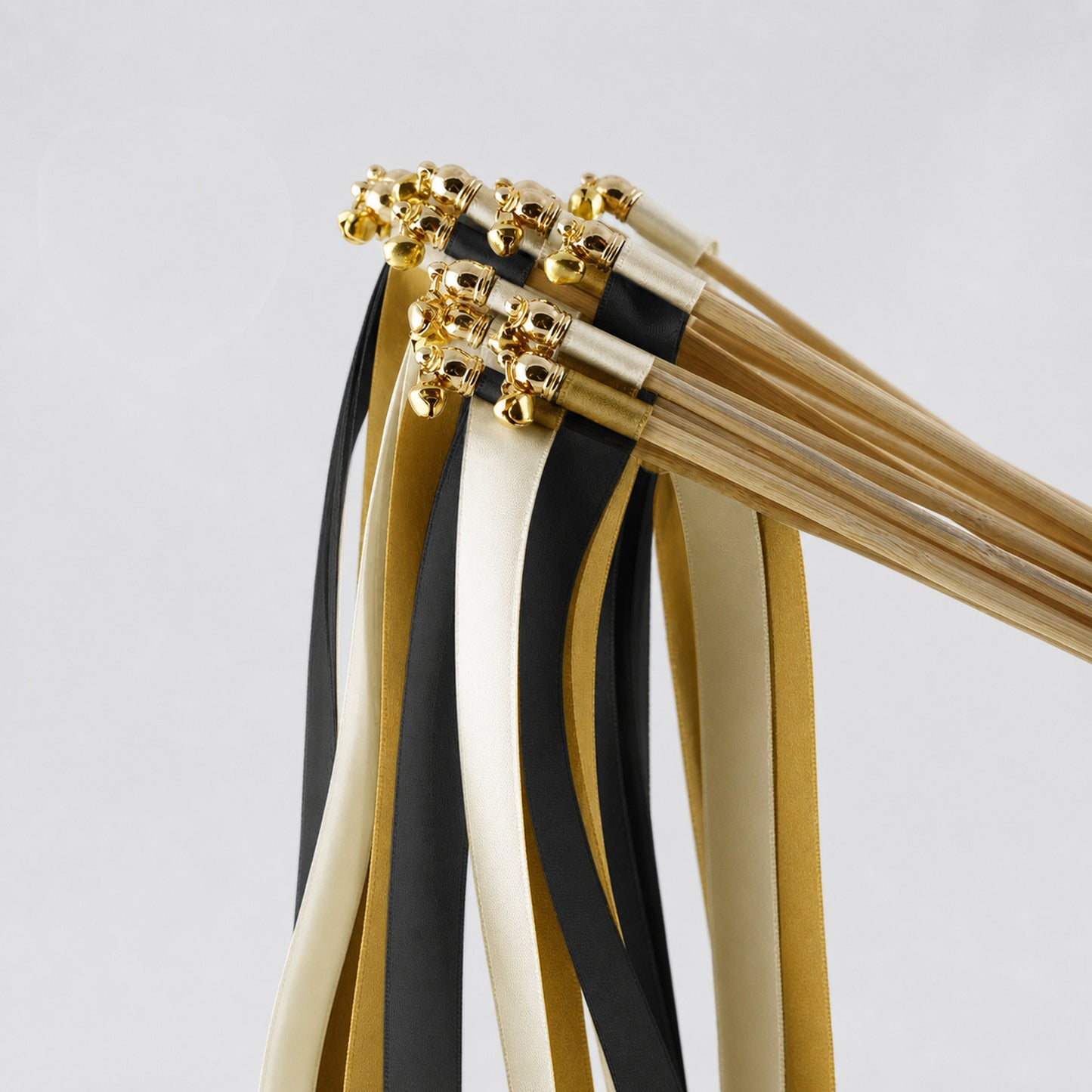 Ivory, Black and Old Gold Wedding Exit Ribbon Wands with Bell - Black Tie Gold