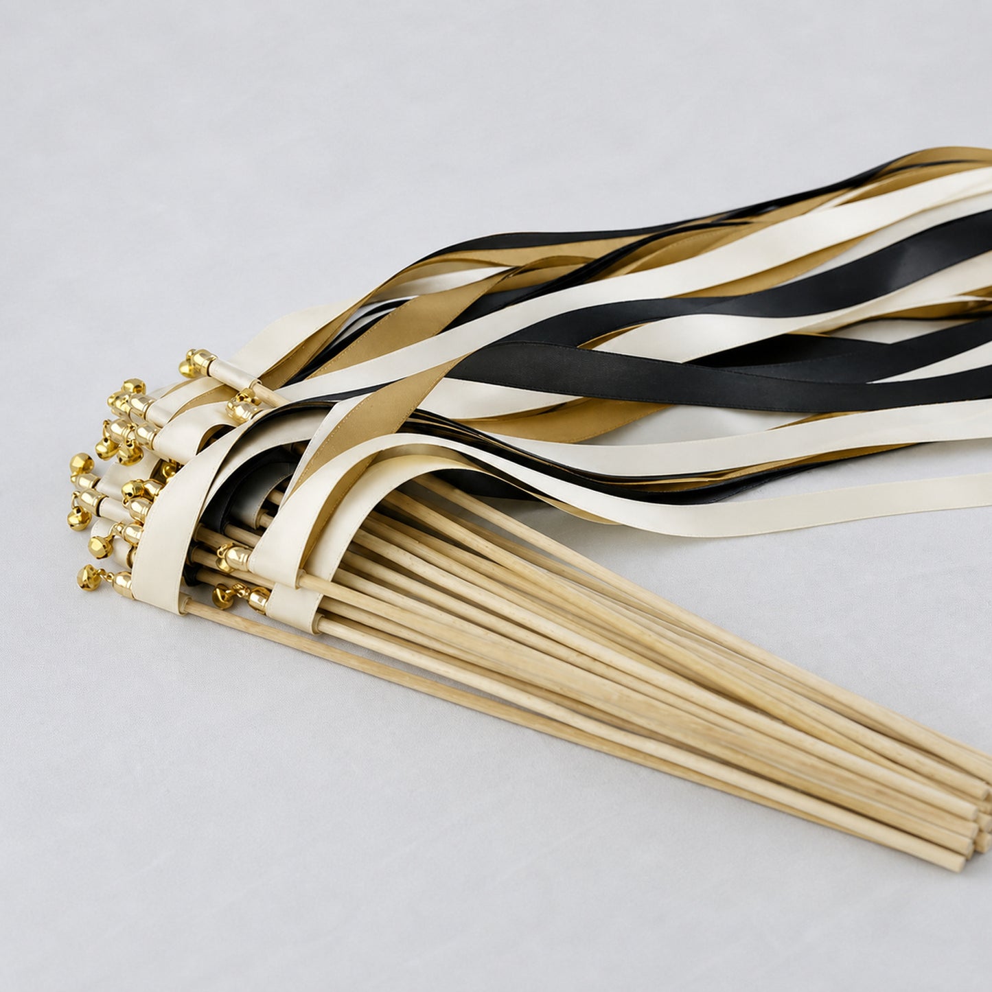 Ivory, Black and Old Gold Wedding Exit Ribbon Wands with Bell - Black Tie Gold