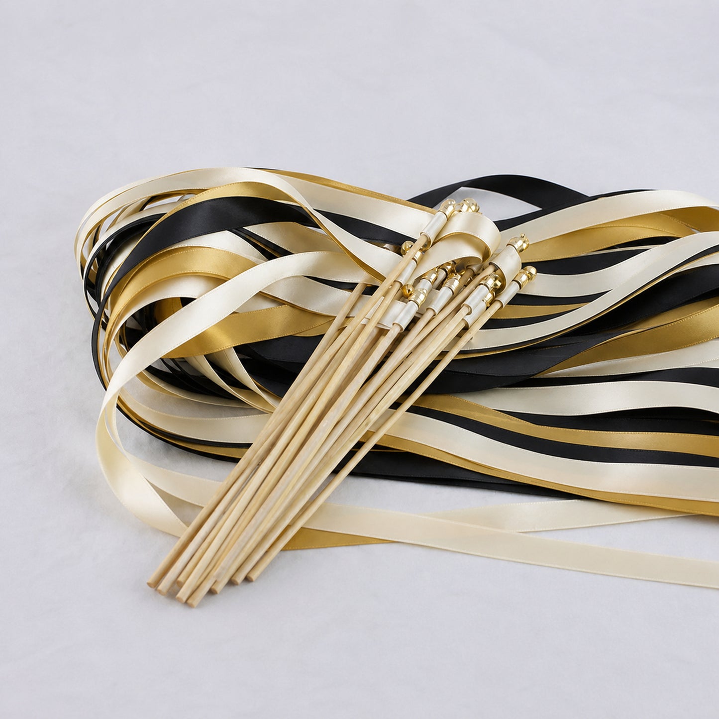 Ivory, Black and Old Gold Wedding Exit Ribbon Wands with Bell - Black Tie Gold