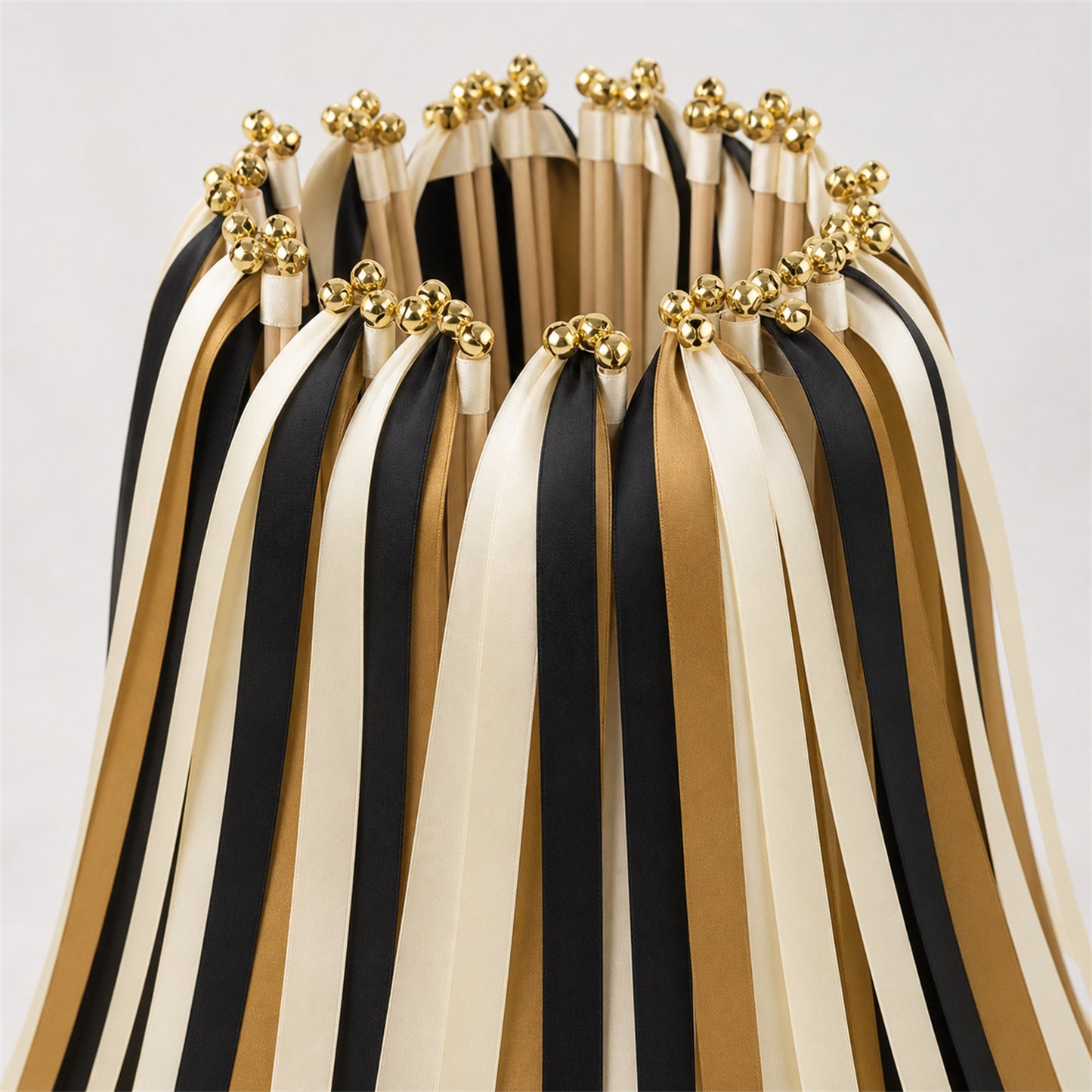 Ivory, Black and Old Gold Wedding Exit Ribbon Wands with Bell - Black Tie Gold