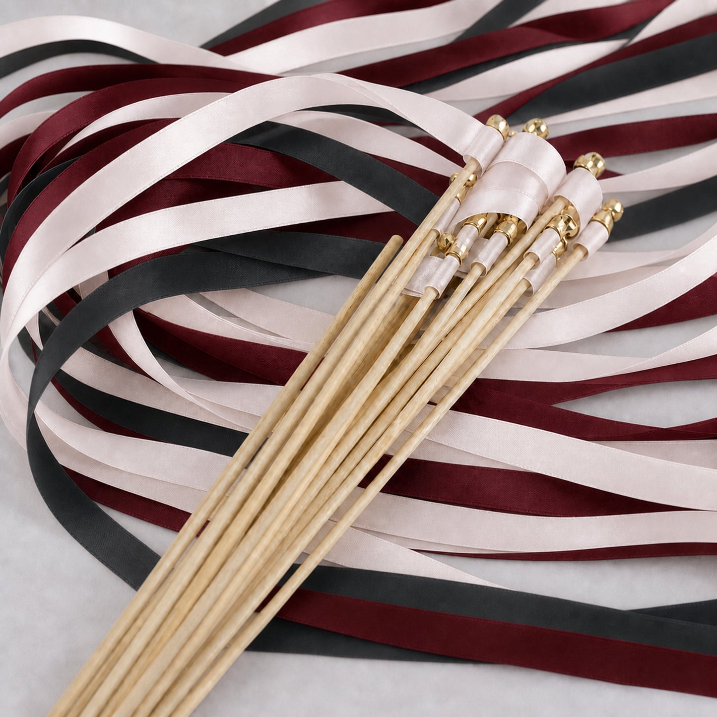 Modern Burgundy Wedding Ribbon Wands with Bell - Vanilla, Charcoal and Burgundy