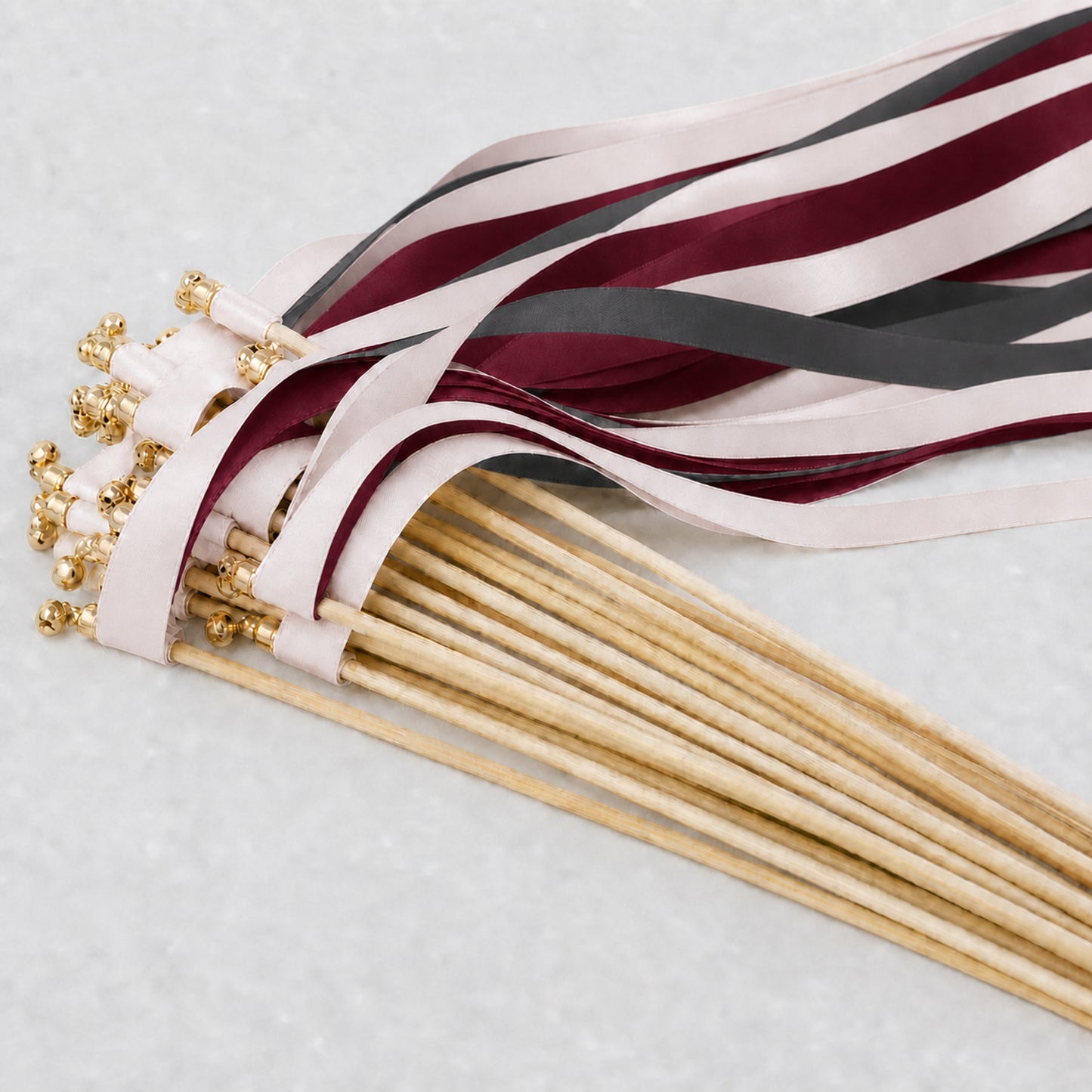 Modern Burgundy Wedding Ribbon Wands with Bell - Vanilla, Charcoal and Burgundy