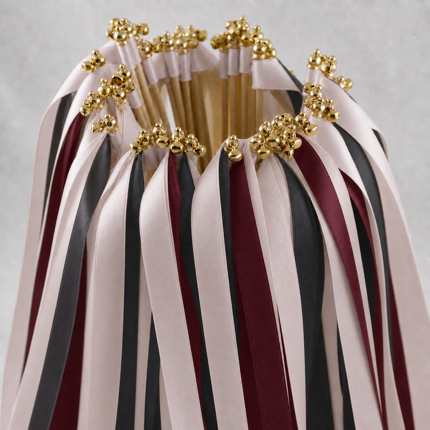 Modern Burgundy Wedding Ribbon Wands with Bell - Vanilla, Charcoal and Burgundy