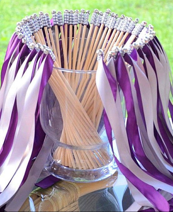 Glam Pink and Gold Wedding Ribbon Wands with Bells