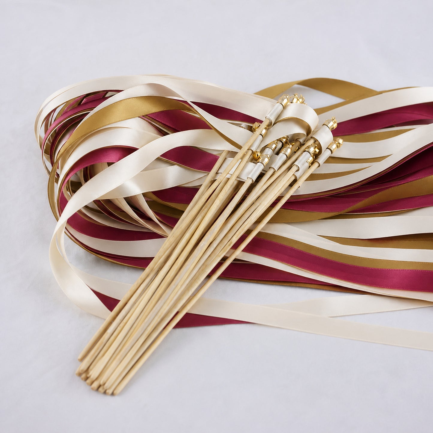 Vintage Wine Gold Wedding Send-Off Wands - Triple Satin Ribbon in Cream, Wine and Old Gold