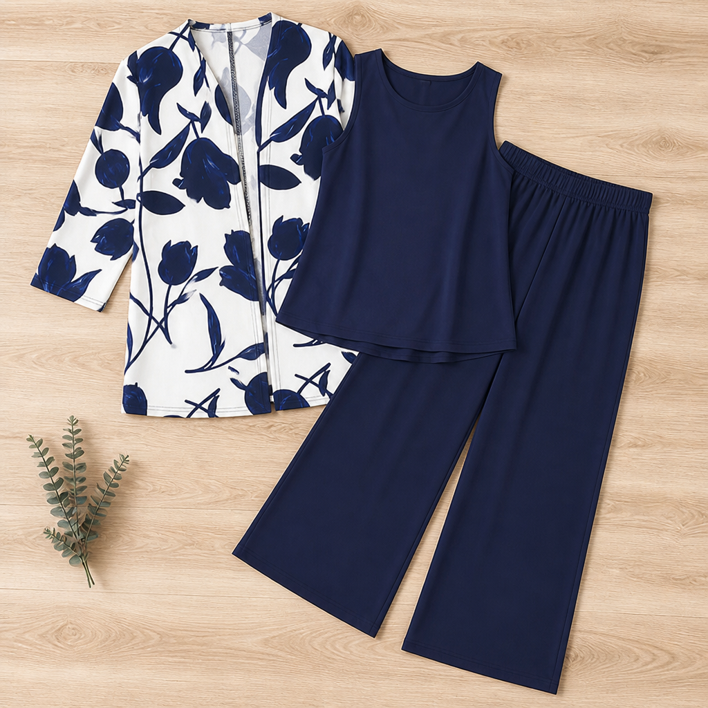 AuraLuxe™ – Elegant Floral Cardigan & Wide-Leg Pant 3-Piece Set