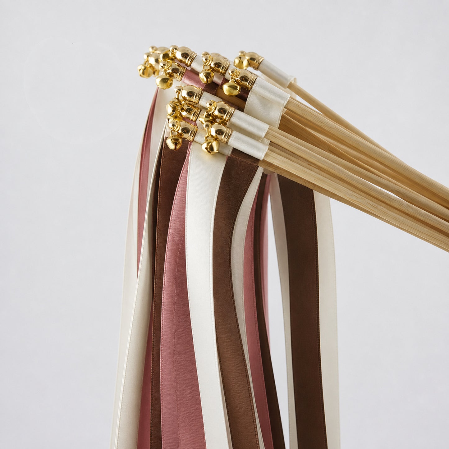 Handmade Off White, Rosewood and Cocoa Wedding Ribbon Wands with Bell - Rosewood Cocoa
