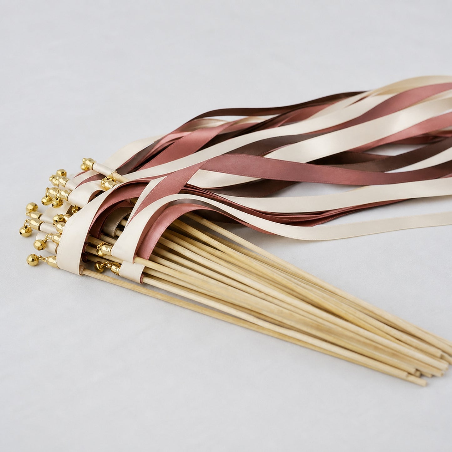 Handmade Off White, Rosewood and Cocoa Wedding Ribbon Wands with Bell - Rosewood Cocoa